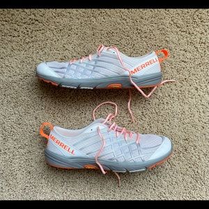 Orange and white Merrill running shoes